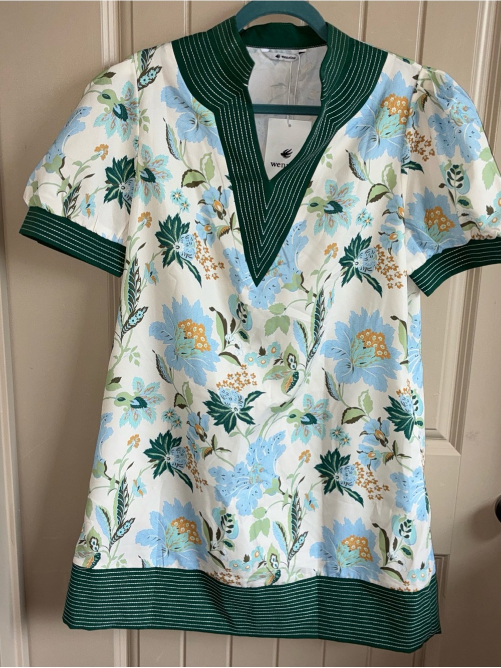 Green-Trim Floral V-Neck Mini Dress in Blue and White